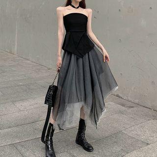 Plain Tube Top / Asymmetric Mesh A-line Skirt