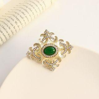 Faux Gemstone Rhinestone Brooch 1 Piece - Brooch- Green & Gold - One Size