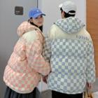 Couple Matching Checkered Hooded Padded Zip-up Coat