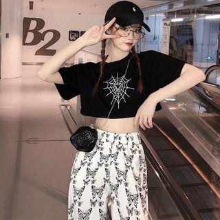 Spider Web Print Short-sleeve Crop Top / Butterfly Print Wide-leg Pants