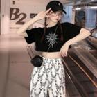 Spider Web Print Short-sleeve Crop Top / Butterfly Print Wide-leg Pants
