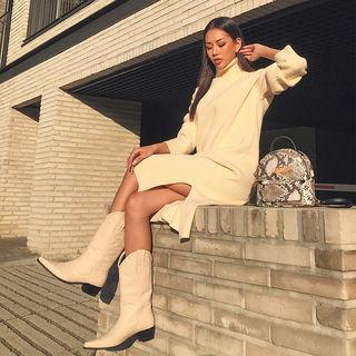 Turtle-neck Ribbed Wool Blend Knit Dress