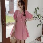 Balloon-sleeve Double-breasted Mini A-line Dress Pink - One Size