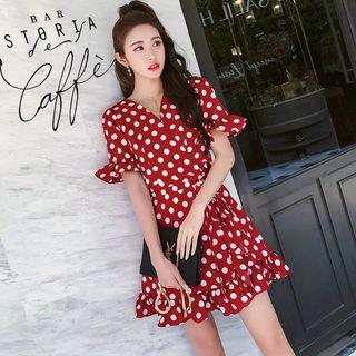 Elbow-sleeve Dot Printed Mermaid Dress