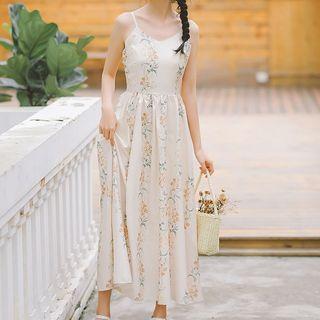 Spaghetti Strap Floral A-line Satin Midi Dress