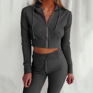 Set: Zip-up Cropped Hoodie + Straight-leg Sweatpants
