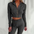 Set: Zip-up Cropped Hoodie + Straight-leg Sweatpants