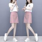 Set: Pig Applique Short-sleeve T-shirt + Patterned Mini Skirt