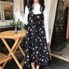 Set: Long-sleeve T-shirt + Floral Print Strappy Chiffon Dress
