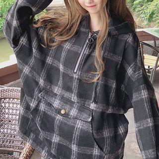 Plaid Zipper Drawcord Long-sleeve Hoodie