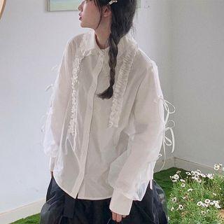 Long-sleeve Frill Trim Mesh Overlay Blouse