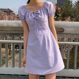 Short-sleeve Tie Neck Plain A-line Dress