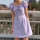 Short-sleeve Tie Neck Plain A-line Dress