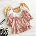 Plain Square-neck Ruffled-trim Puff-sleeve Top
