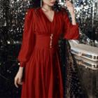 Short-sleeve V-neck Midi A-line Cocktail Dress