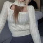 Long Sleeve Mock Neck Cut-out Zip-detail Cable-knit Sweater