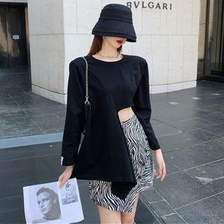 Asymmetric Long-sleeve Cropped T-shirt / Zebra Print A-line Skirt