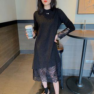 Lace Trim Mock-turtleneck Midi Pullover Dress