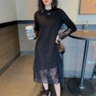 Lace Trim Mock-turtleneck Midi Pullover Dress
