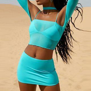 Set: Long-sleeve Sheer Top + Skirt