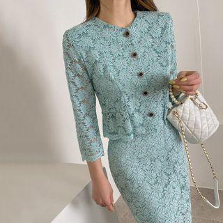 3/4-sleeve Collarless Lace Jacket