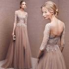 Lace-panel 3/4-sleeve A-line Evening Gown