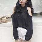 Plain Off-shoulder Loose-fit Long-sleeve Top