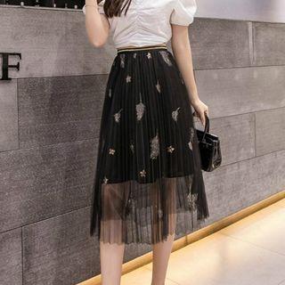 Sequined Patterned Mesh A-line Midi Skirt