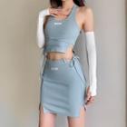 Set: Lace Up Cropped Halter Top + Mini Pencil Skirt + Arm Sleeves