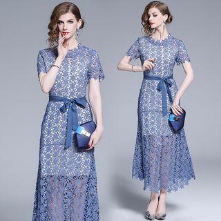 Short-sleeve Crochet Lace Midi A-line Dress