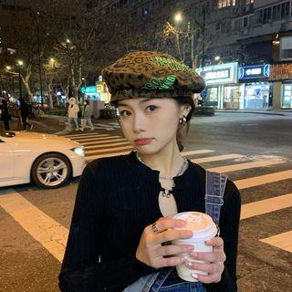 Lettering Leopard Print Beret