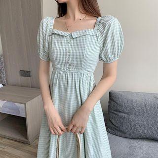 Short-sleeve Square Neck Plaid Dress As Shown In Figure - One Size