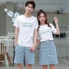 Couple Matching Set: Short-sleeve Print T-shirt + Striped A-line Skirt / Shorts