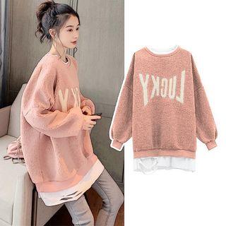 Mock Two-piece Letter Applique Faux Shearling Ripped Pullover