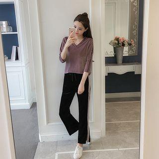 Set: Lettering Elbow Sleeve Velvet T-shirt + Straight Cut Pants