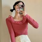 Long-sleeve Square Neck Ruffle Trim Top Pink - One Size
