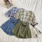Set: Single-breasted V-neck Short-sleeve Blouse + Plain Lace-up Shorts