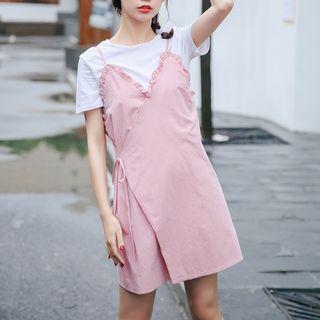 Frilled Pinafore Dress / Set: Plain Short-sleeve T-shirt + Frilled Pinafore Dress