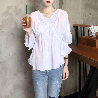 Puff Sleeve Buttoned Smocked Top White - One Size