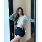 Long-sleeve Cold-shoulder Two-tone T-shirt Blue & Off-white - One Size