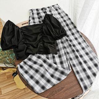 Set: Puff-sleeve Crop Top + Plaid Wide-leg Pants