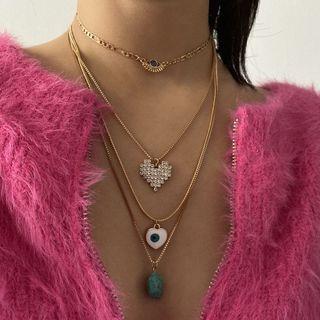 Set Of 4: Heart Chain Necklace 2815 - Set Of 4 - Gold - One Size