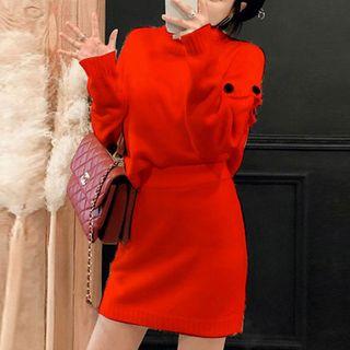 Set: Mock-neck Sweater + A-line Mini Knit Skirt