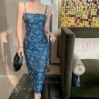 Spaghetti-strap Floral Midi Sheath Dress