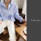 Wide-cuff Stripe Shirt   Sky Blue - One Size