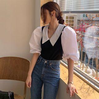 Puff-sleeve Collared Two-tone Blouse Shirt - One Size