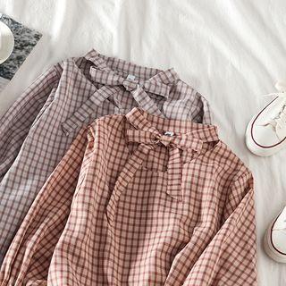 Check Lantern-sleeve Dress