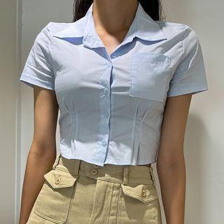 Short-sleeve Pintuck Cropped Slim Shirt