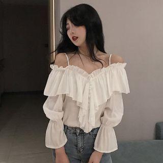 Cold-shoulder Long-sleeve Ruffle Blouse