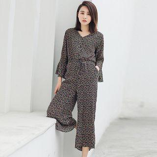 Floral Print Bell Long-sleeve Jumpsuit
